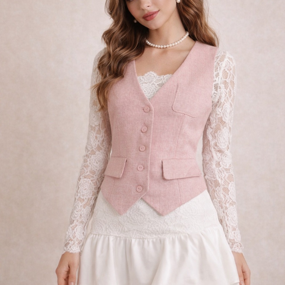 Together Blush Pink Tailored Vest Size 4 Wool Blend Button Front Coquette Chic